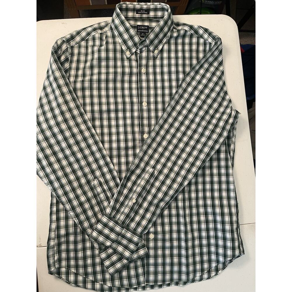 J Crew Dress Shirt Mens Med Green Plaid Slim Untucked Large Button Down